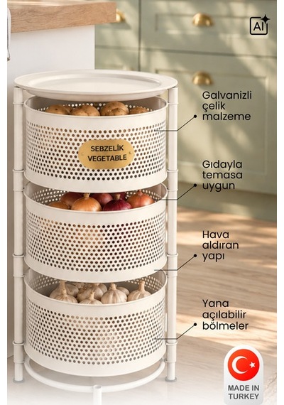 River World Tekerleksiz Rengi Krem Açılabilen 3 Katlı Çok Amaçlı Metal Raf Mutfak, Balkon, Kiler Çok Renkli