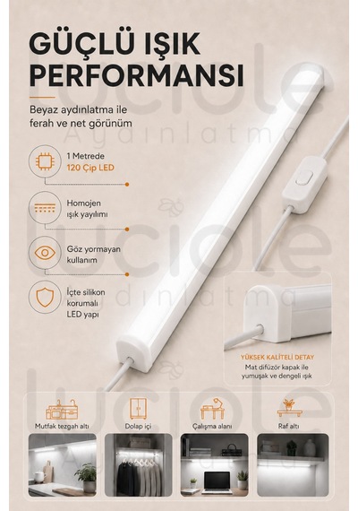 220v Beyaz Led Bar 100 Cm Fişli Anahtarlı Yapışkanlı Tezgah Altı Dolap İçi Aydınlatma