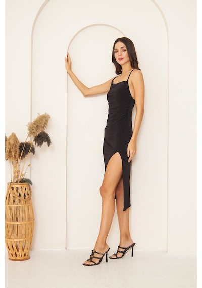 Darlin Moda Siyah Degaje Yaka Yırtmaçlı Elbise Dm1040