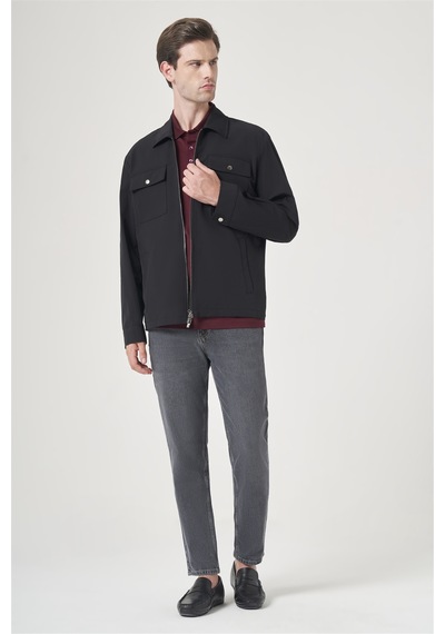 İmza Siyah Berberi Yaka Gabardin Düz Slim Fit Casual Mont 1007260151