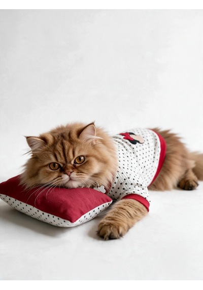 Polka Dot Rouge Minny Kedi Uyku Seti Siyah Beyaz Puantiyeli Penye Kedi Tulumu Ve Mini Yastık 2 Parça