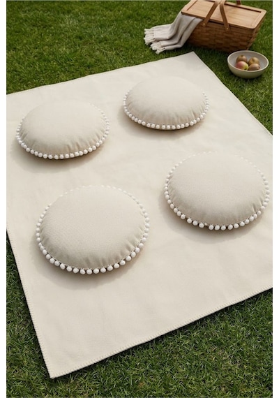 Piknik Örtüsü 170x170 Cm 4'lü Minderli Piknik Seti Ekru Ponponlu Açık Hava Kamp Bahçe Örtüsü Çok Renkli Piknik Örtüsü 170x170 Cm 4'lü Minderli Piknik Seti Ekru Ponponlu Açık Hava Kamp Bahçe Örtüsü Çok Renkli