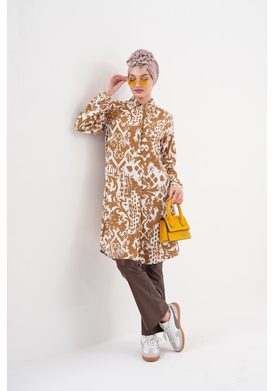 Polologin Butik Desenli Kahverengi Beyaz Tunik Kahverengi & Beyaz