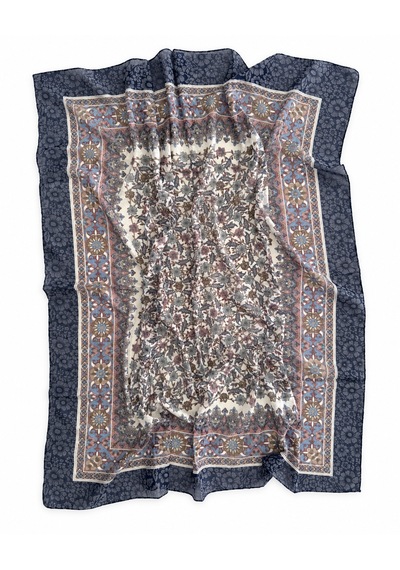 Fureya Vintage Desen Büyük Ebatlı Pamuk Eşarp Lacivert Pudra