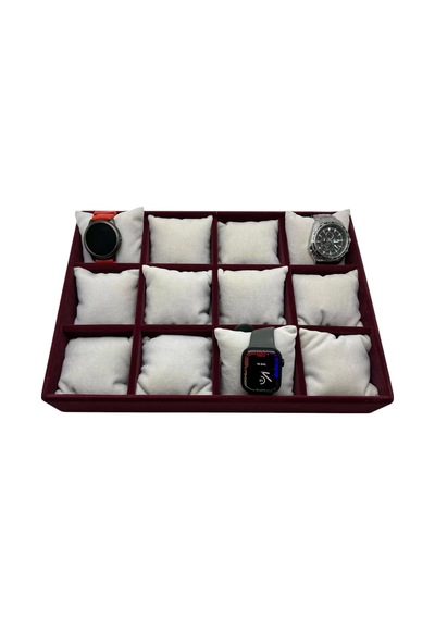 Yerli Üretim Tokyo Model Süet Kumaş Bordo -beyaz Renk 34/24 Cm Yastıklı Saat Ve Takı Kutusu