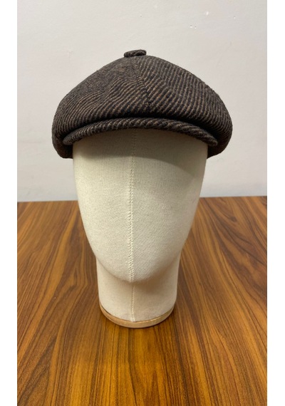 Hamze Peaky Blinders Model İngiliz Tarz Kaşe Kumaş Çizgili Kasket Şapka Kahverengi