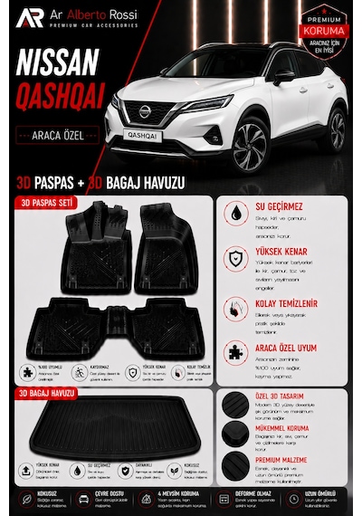 Nissan Qashqaı E-power 2022-2026 Araca Özel 3d Paspas + 3d Bagaj Havuzu