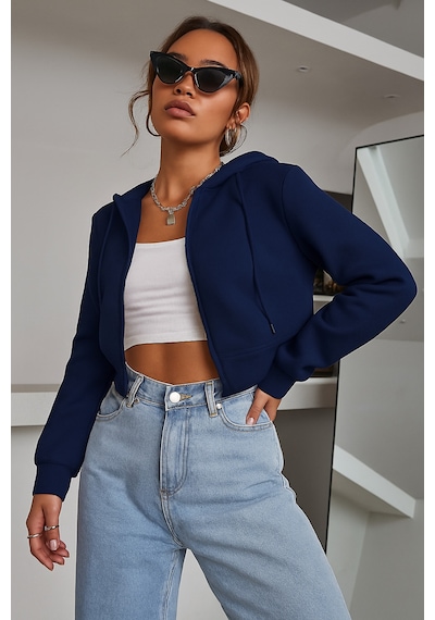 Cool Tarz Kadın Kapüşonlu Şardonlu Lacivert Renk Crop Sweatshirt Lacivert Lacivert