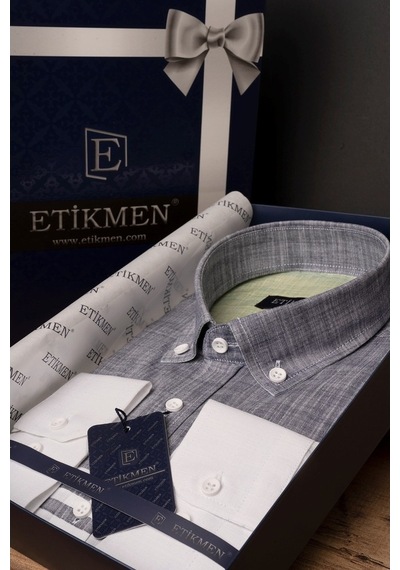 Panolu Gri Yeşil Slimfit Keten Erkek Gömlek Yeşil