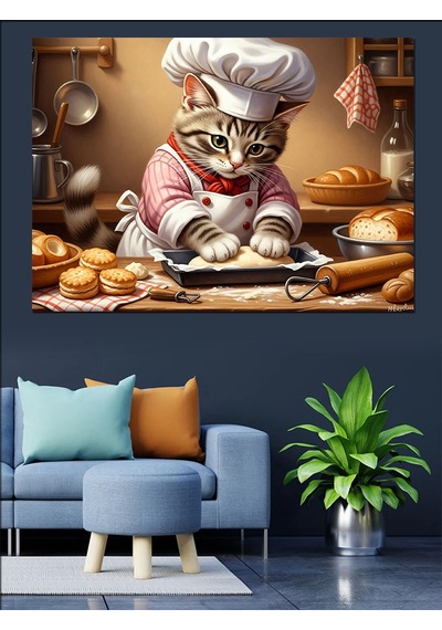 Ahşap Tablo Mutfakta Hamur Açan Şef Kedi