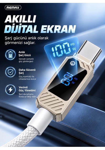 Remax Suxien Rc-c069 100w Pd Dijital Ekranlı Type-c To Type-c Hızlı Şarj Ve Data Kablosu 1.2 Metre Beyaz