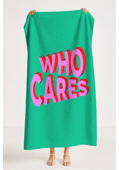 Who Cares Yazılı Modern Typografi Plaj Havlusu - Yeşil Pembe Pop Art Hızlı Kuruyan Mikrofiber Havlu Köpük Ada