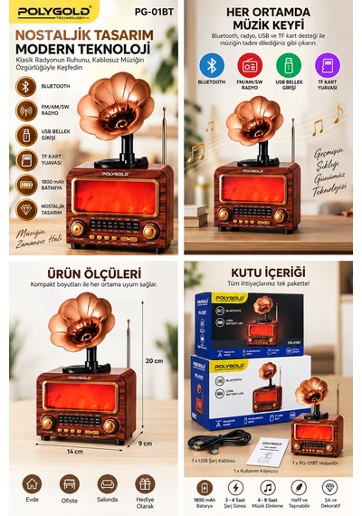 Polygold Pg-01bt Bluetooth Gramofon Nostalji Speaker Fm/am/sw Radyo Usb Tf Kart 1800 Mah