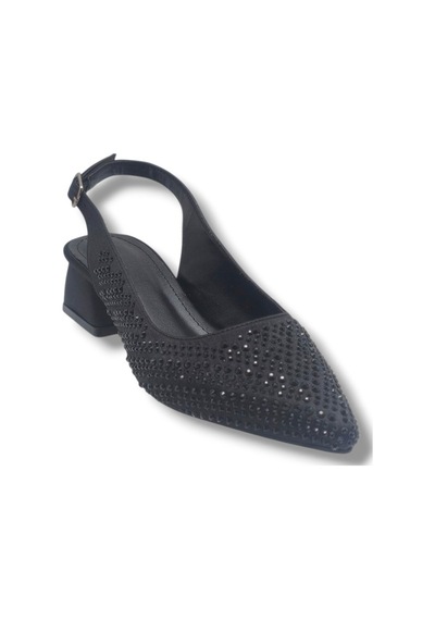 Ceylan Shoes 125-26 Taşlı Parlak Saten Kısa Kare Topuk Kadın Ayakkabı 36-41 Siyah