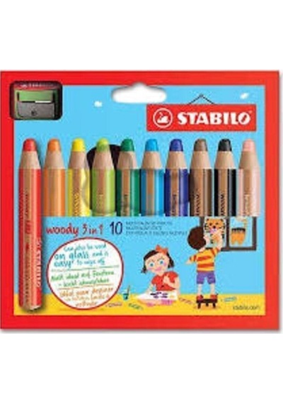 Stabilo Woody Boya Kalemi 3 In 1 10 Renk + 1 Kalemtraş Karton Kutu 880/10-2 Stabilo Woody