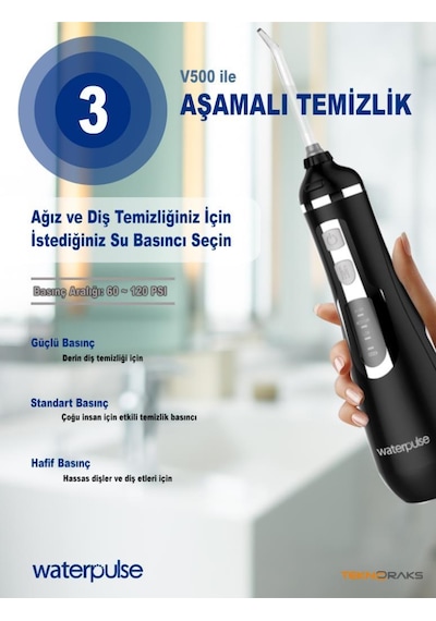 WaterPulse WP-V500-B Taşınabilir Şarjlı Masajlı Diş Protez Bakım ve Ağız Duşu