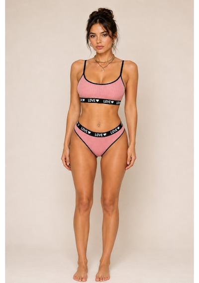 Pijamask Kadın Pembe Fitilli Love Lastik Detaylı Bralet Slip Külot İç Giyim Takımı Pembe