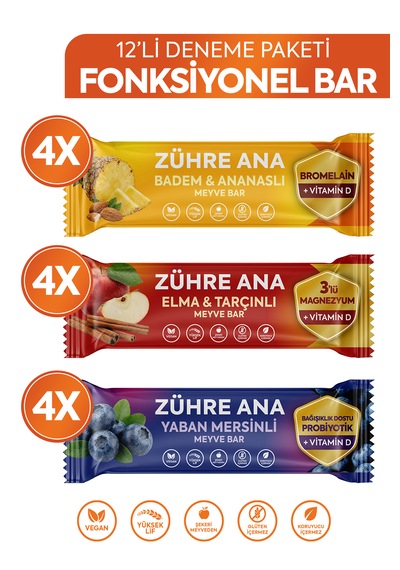 Fonksiyonel Meyve Bar Deneme Paketi 35 Gr X 12 Adet 3 Çeşit