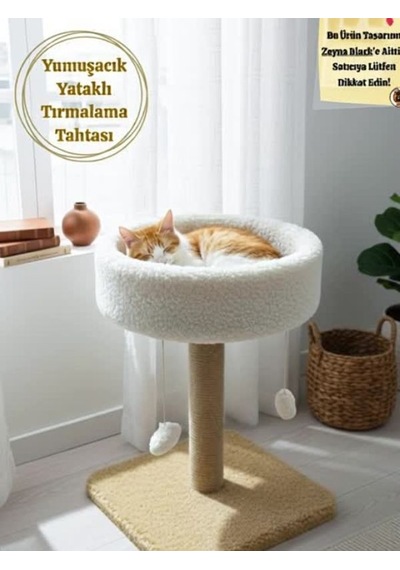 Yuvarlak Kedi Yatağı Yumuşacık Peluş Kedi Tırmalama Tahtası Ve Kedi Evi- 4'lü Ponpon Oyunlu 55 Cm