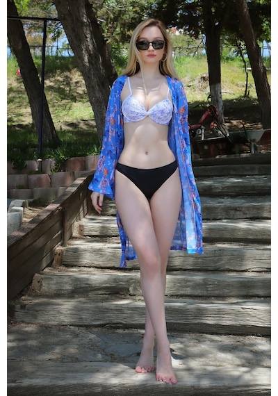Modi Moda Çizgi Kadın Kimono Pareo Plaj Elbisesi Mavi 38040