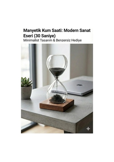 Manyetik Kum Saati Mıknatıslı Ahşap Standlı Dekoratif Masaüstü Hediyelik Süs Eşyası 14 Cm