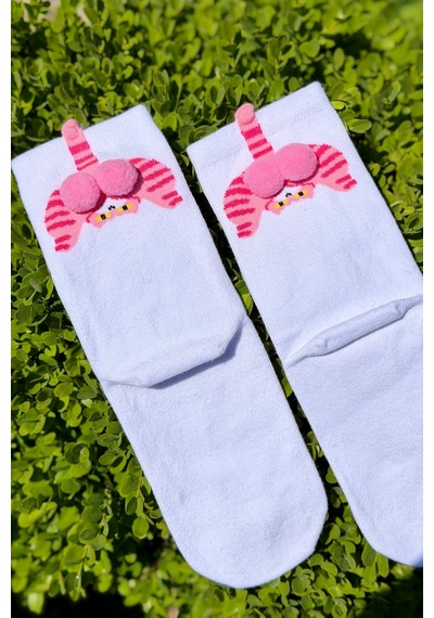 Lousocks Unisex Beyaz Kedi Desenli Ponpon Soket Çorap