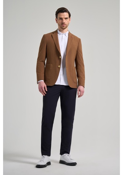 İmza Çizgili Desen Gofreli Mono Yaka Esnek 6 Drop Slim Fit Ceket 1002250122 Taba