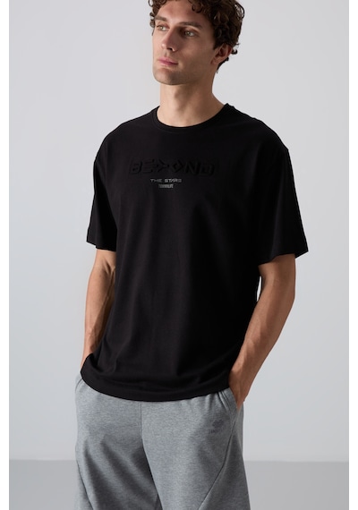 Tommy Life Siyah Pamuklu Kalın Yumuşak Dokulu Oversize Fit Baskılı Erkek T-shirt - 88328 001