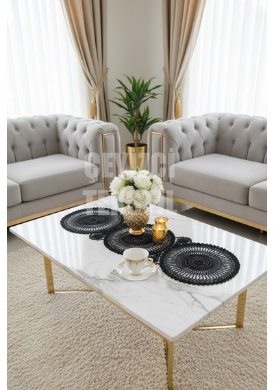 Dantel Detaylı Oval Siyah Runner 115x35cm Diğer
