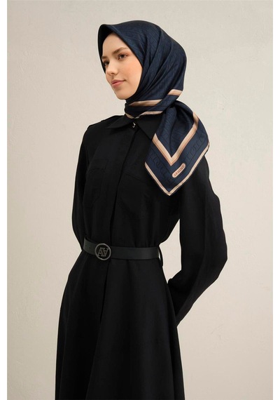 Desenli Saf Ipek Sura Eşarp 9301- 52 Lacivert Lavivert