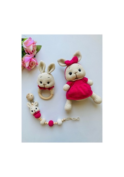 Adenya Sepeti Amigurumi Örgü Tavşan Üçlü Set-bej Pembe Bej - Pembe
