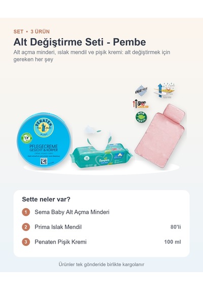 Alt Değiştirme Seti 3 Parça: Sema Baby Alt Açma Minderi + Prima Islak Mendil + Pişik Kremi - Pembe