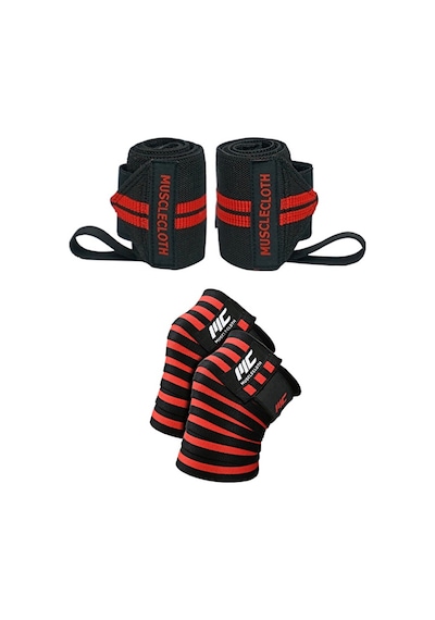 Musclecloth Pro Wrist Wraps + Pro Knee Wraps Seti Siyah Kırmızı Siyah-kırmızı