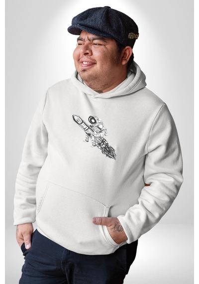 Roket Astronot Kadın Erkek Beyaz Kapüşonlu Sweatshirt Hoodie Beyaz