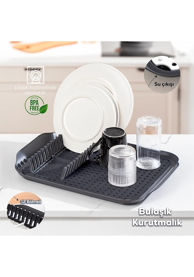 Porsima 1213 Antrasit Çok Amaçlı Bulaşık Tepsisi Bulaşıklık Tezgah Üstü Kurutmalık Durulama Matı Bulaşık S Diğer