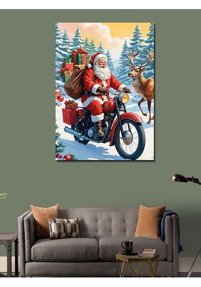 Kanvas Tablo Noel Baba Ve Geyik 100cmx140cm