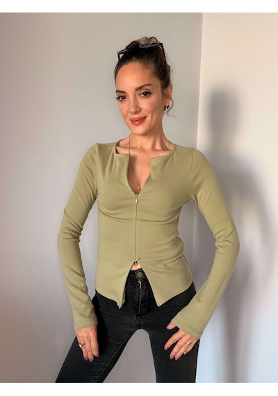 Ali Butik Çağla Çift Fermuarlı Uzun Kollu Bluz Çağla
