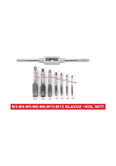 Klavuz Açma Seti+kol M3-m4-m5-m6-m8-m10-m12 Metrik Diş Açma Klavuzları