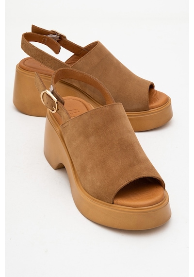Luvishoes Power Taba Süet Hakiki Deri Kadın Dolgu Topuklu Sandalet Taba Süet