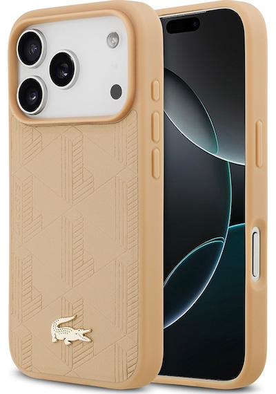 Apple Uyumlu iPhone 17 Pro Kılıf Lacoste Lisanslı M-safeli Pu Deri Karışık Monogram Desenli Kapak Bej Bej