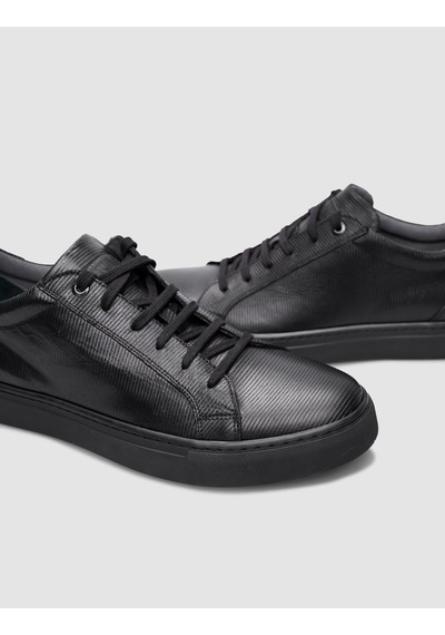 % 100 Hakiki Deri Siyah Bağcıklı Erkek Sneaker-siyah Siyah