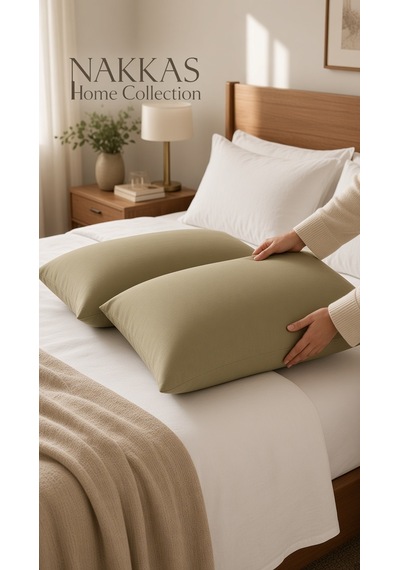 Nakkaş Home Collection 2'li Pamuklu Fermuarlı Yastık Kılıfı Seti - 50x70 Cm Düz Renk Yastık Kılıfı Haki Yeşil