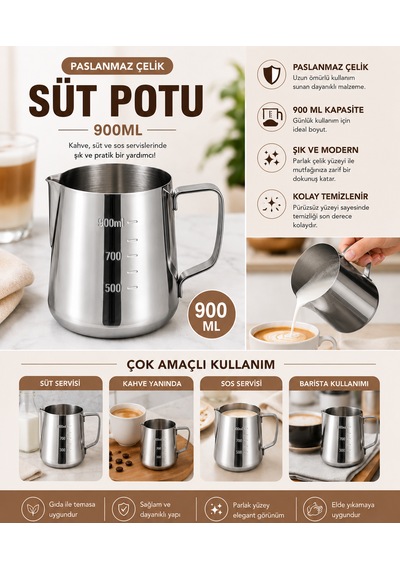 304 Çelik 900 Ml Kahve Süt Köpürtme Potu Sütlük Pitcher
