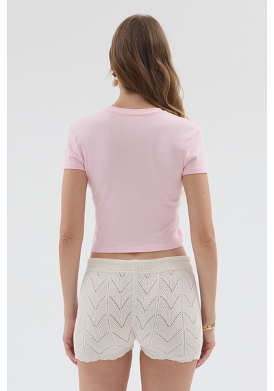 Urbantrendstore Kadın Bisiklet Yaka Likralı Kısa Kol Body Crop Bluz Günlük Şık Sade Yazlık Casual Crop Kadın Crop Pembe