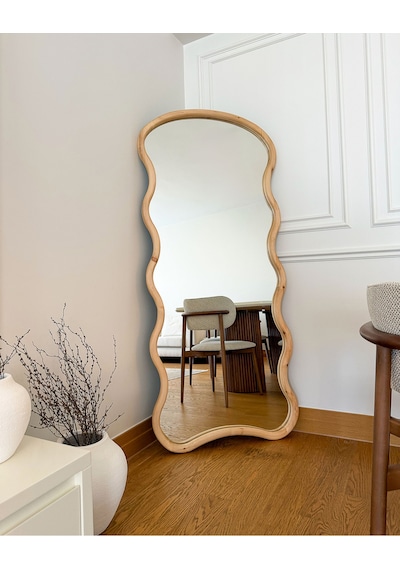 Effe Doğal Ahşap Çerçeveli Bulut Model 180x80 Cm Naturel Ayakli Boy Aynasi