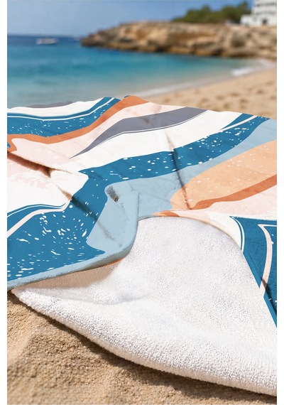 Soyut Dalga Modern Plaj Havlusu - Bohem Marine Lacivert Somon Hızlı Kuruyan Mikrofiber Havlu Kumlu Kumul