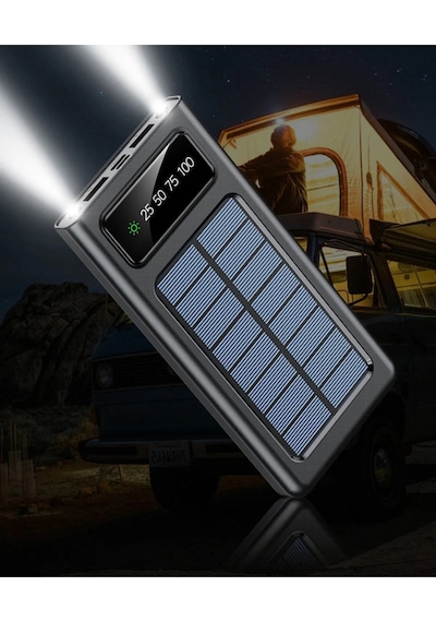 Solar 10.000 Mah Güneş Enerjili Led Işıklı Powerbank Şarj Aleti 2x Usb Çıkışlı Çoklu Kablolu Kahverengi