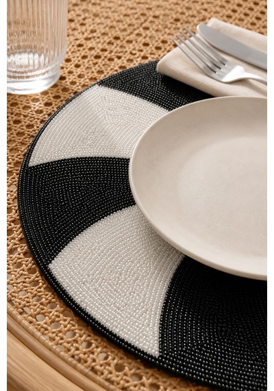 Boncuk İşlemeli Amerikan Servis 2'li Set Yuvarlak Supla 36x36 Cm Siyah Beyaz Siyah - Beyaz