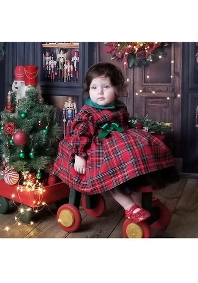 H L Y Karol Tasarım Yeşil Yakalı Ekose Kız Bebek Elbisesi,fotoğraf Çekim Elbisesi, 0-12 Yaşa Uygun Kırmızı