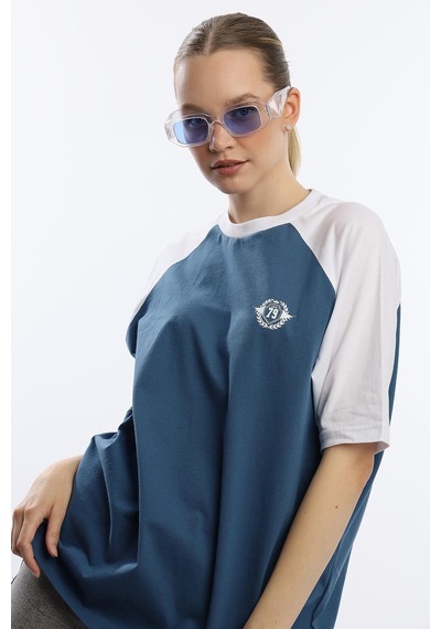 Kadın Oversize Fit Reglan Kol Basic Tişört İndigo